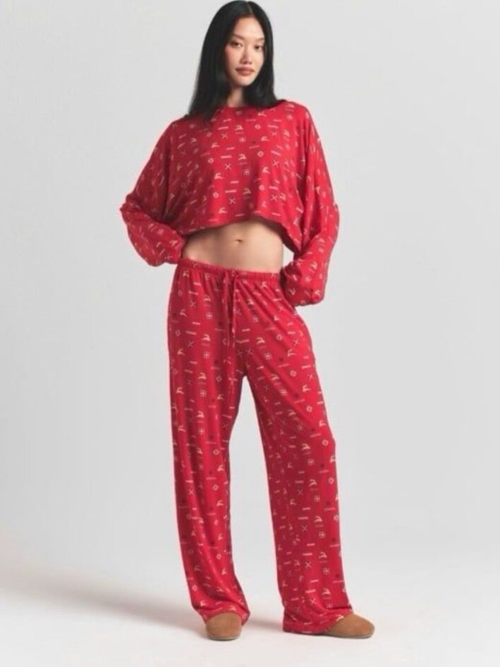 Skims NWT Sleep Pajama Pants Cranberry Vintage Deer Print Size XS